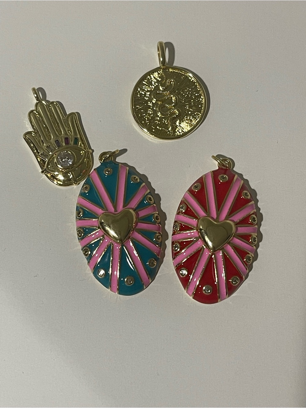 Gold Heart Radiant Enamel Pendant - Pink & Teal (4 pieces)